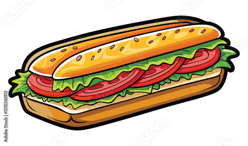 CartoonStyle Sub Sandwich with Lettuce and Tomato Illustration on a White Background