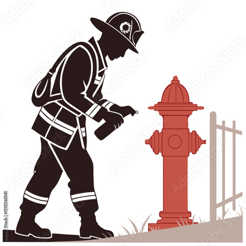 Firefighter checking fire hydrant black vector figure transparent background, silhouette
