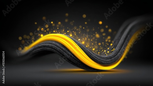 black background with elegant golden flowing ribbons and glowing shimmer particles, high-end abstract design