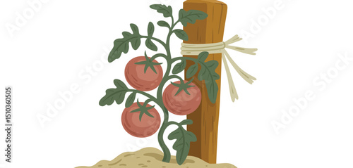 Growing Tomatoes on a Stake in a Garden