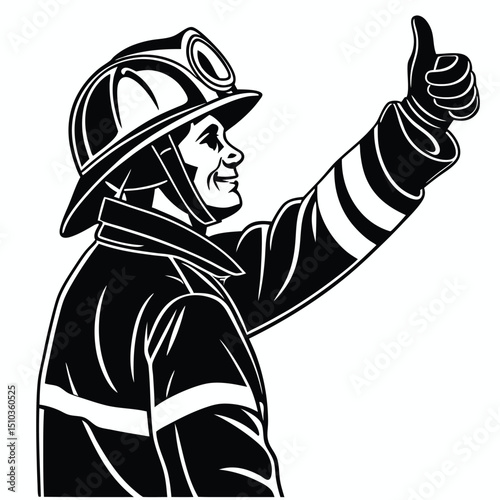 Firefighter giving thumbs up black vector silhouette transparent background, silhouette