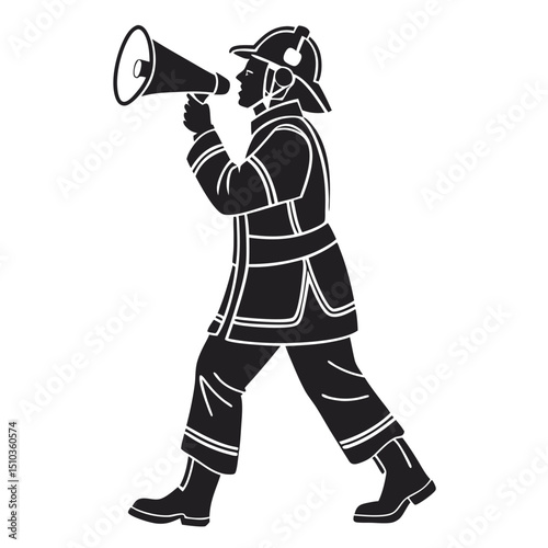 Firefighter holding megaphone black body white background transparent background, silhouette