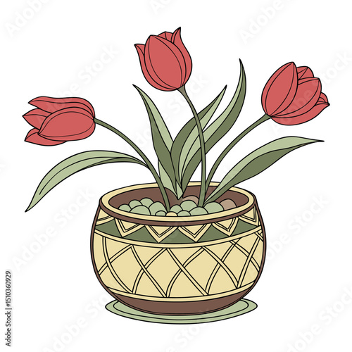 A decorative flower arrangement in a round, ornate pot. The pot is brown with a gold net-like design. The flowers are vibrant red tulips with fresh green leaves. The stems are thick and upright.