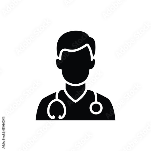 Simple black silhouette icon of a doctor with a stethoscope.