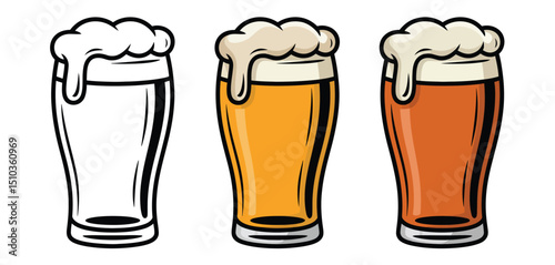 Three Beer Glasses Illustration Outline, Light Beer, Dark Beer