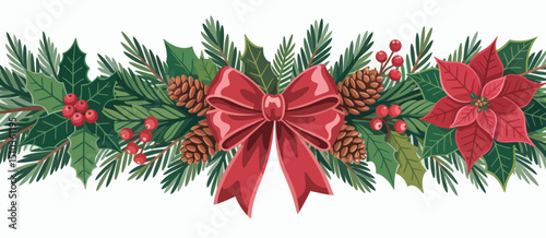 Festive Christmas Border with Holly Berries Pine Cones and Poinsettia