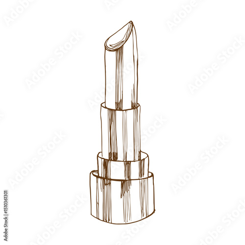 Lipstick decorative make up ink graphics illustration. Fashion and glamour hand drawn vector drawing in line art style, female beauty tool for lips. Monochrome silhouette for card, poster, packing des