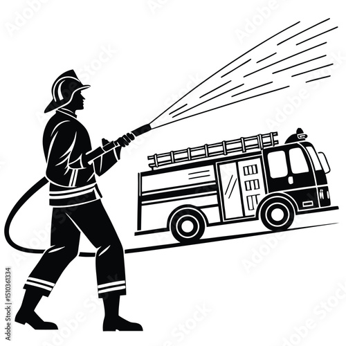 Firefighter operating fire truck spraying water black transparent background, silhouette