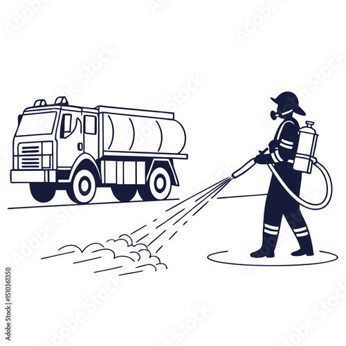 Firefighter providing water from truck transparent vector transparent background, silhouette