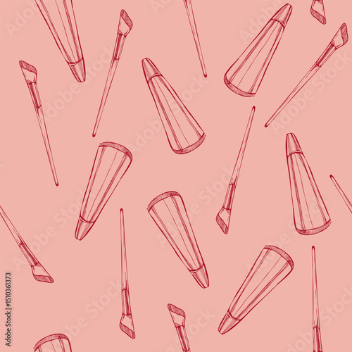 Fashion and beauty ink graphics seamless pattern with lip balm and brushes illustration in pink.Female make up tool, face care object background for cosmetics packing, salon textile, wallpaper design