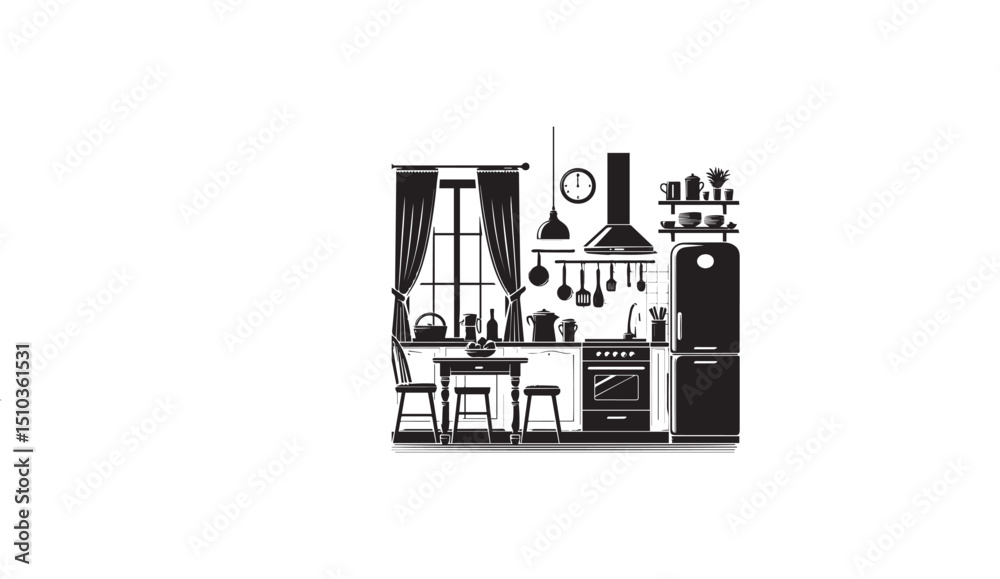 Naklejka premium a black-and-white kitchen a white background in a straightforward and inconspicuous vector silhouette