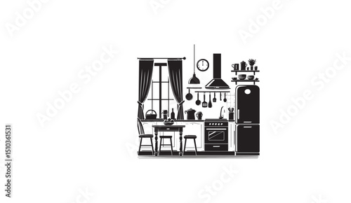 a black-and-white   kitchen  a white background in a straightforward and inconspicuous vector silhouette