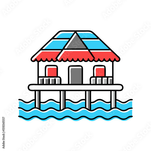 Overwater bungalow house for vacation, resort, or island travel concept.