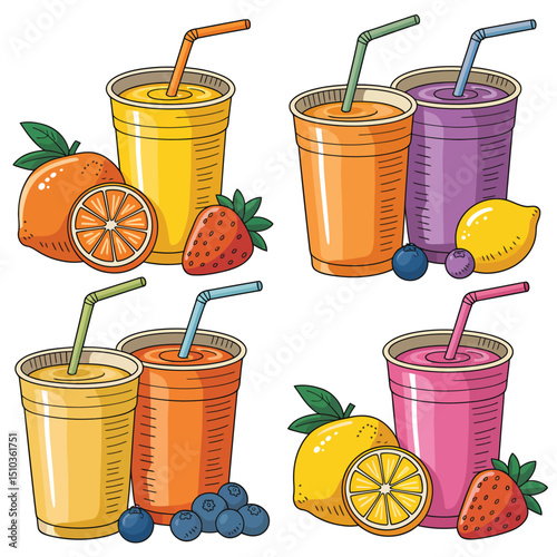 Refreshing Fruit Smoothies in Plastic Cups with Fresh Fruit
