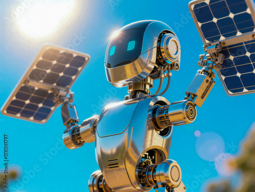 Futuristic robot equipped with solar panels