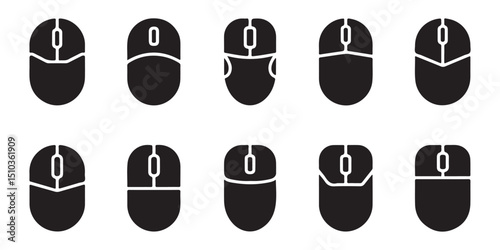 A set of nine simple, black computer mouse icons, in various orientations.