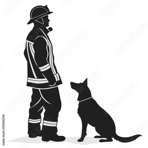 Firefighter with canine unit black body white vector transparent background, silhouette