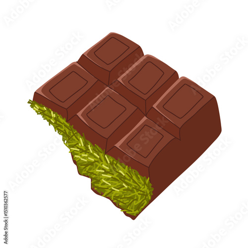 Cracked chocolate bar revealing pistachio paste center. Vector cartoon hand drawn dessert illustration. For confectionery packaging, promo materials, product designs, menu use, stickers