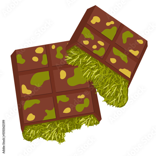 Broken pistachio chocolate bar with visible green filling. Vector cartoon hand drawn illustration of homemade sweets. For labels, food menu, sticker design, packaging, product use, promo visuals