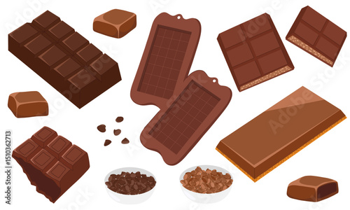 Milk and dark chocolate bar collection without filling. Classic solid pieces. Vector hand drawn art for packaging, ads, food blogs, catalogs, label design, recipe illustrations, product presentation