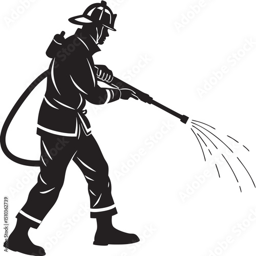 Silhouette of firefighter spraying water from hose transparent background, silhouette