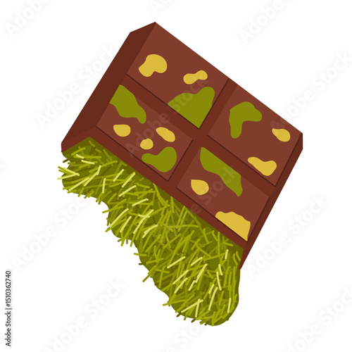 Cracked Dubai chocolate bar with green pistachio cream inside. Cartoon vector sweets illustration. For packaging, menu design, stickers, ads, product visuals, dessert content