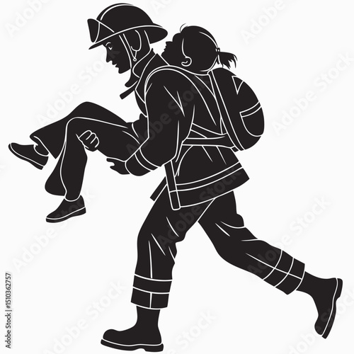 Silhouette of firefighter carrying child rescue scene transparent background, silhouette