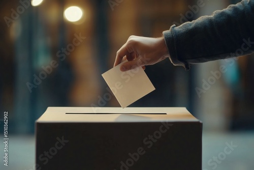 Hand dropping paper ballot in voting box during elections.