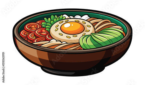 Cartoon Bowl of Asian Food with Egg, Vegetables, and Noodles Illustration