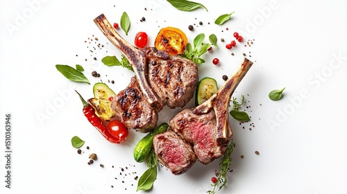Three grilled lamb chops, arranged with roasted vegetables and herbs, on a white background