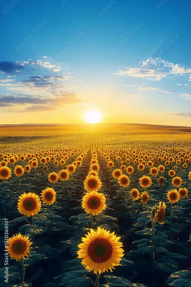 Fototapeta premium Sunflower Sunset: A breathtaking view of a vast sunflower field stretching towards a vibrant sunset. The sun dips below the horizon, casting a warm golden light across the landscape. 