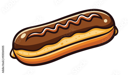 Cartoon Eclair with Chocolate Glaze Topped with White Icing Isolated on White Background