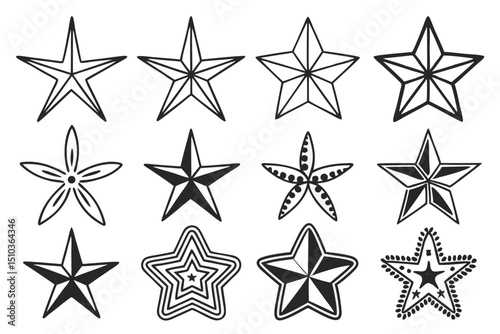 Collection of hand drawn star illustrations featuring various unique star shape designs.