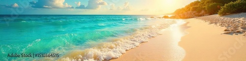 Golden sand sparkles under a vibrant sun, clear turquoise water laps gently at the shore Perfect beach scene for summer travel brochures or holiday websites , sunshine, sky, turquoise