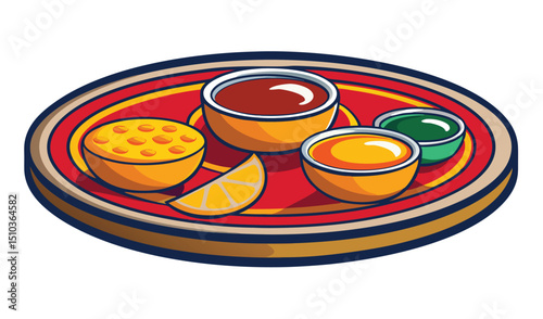 Cartoon Illustration of Colorful Dips, a Lemon Slice, Served on a Striped Tray