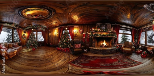 Stunning seamless 360 panorama featuring a classic Christmas interior design.