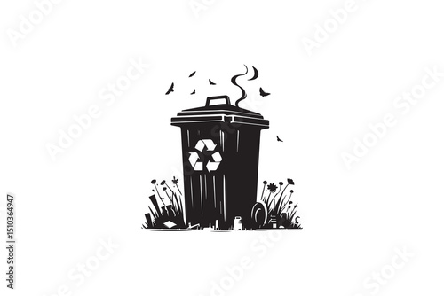 A black-and-white garbage  bag  against a white background in a straightforward and inconspicuous vector silhouette