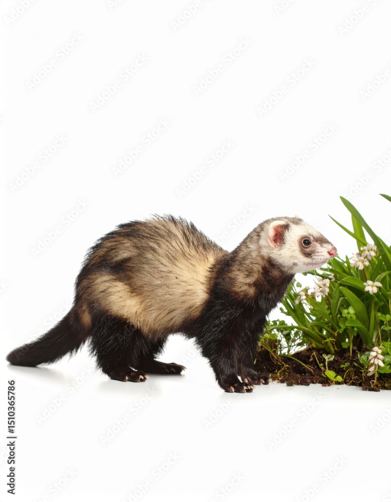 A curious brown ferret with a dark mask explores the fragrant white flowers and lush green foliage in a garden setting against a bright white background scene. A curious brown ferret with a dark mask explores the fragrant white flowers and lush green foliage in a garden setting against a bright white background scene.