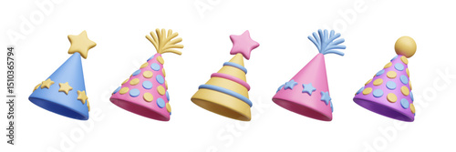Colorful birthday hat 3D style vector icon set. Striped cone shape hat, birthday caps with stars, polka dots and tassels cartoon 3D vector illustration isolated on white. Happy celebration decor set.