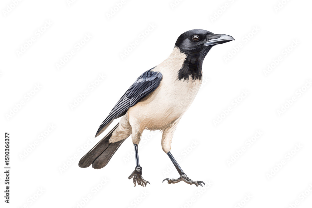 Fototapeta premium A Detailed Illustration of a Hooded Crow Bird with Pale Beige Body and Black Head