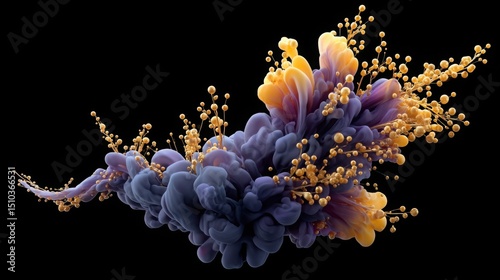 Blue and lavender abstract floral shapes blooming from liquid pearl base with gold accents