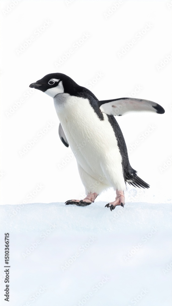 Fototapeta premium An adorable Adelie penguin stands on bright white Antarctic ice with wings outstretched against a stark background, showcasing its unique colo and gait.