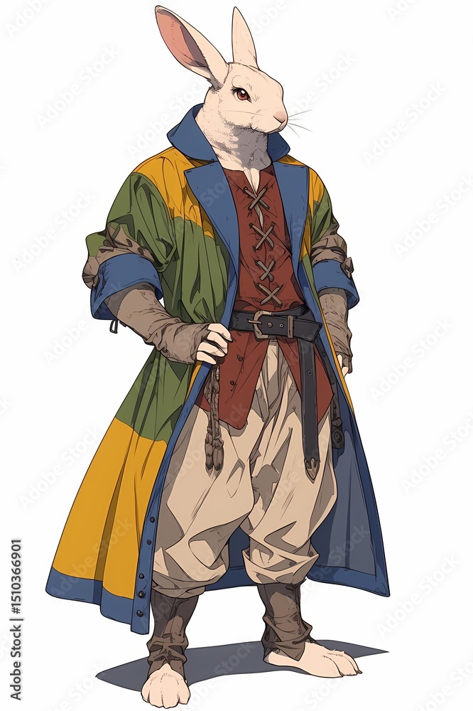 Obraz premium Confident white rabbit anime character standing against white background, dressed in medieval fantasy outfit, red eyes, whiskers.