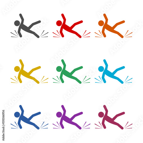 Slip and fall  icon isolated on white background. Set icons colorful