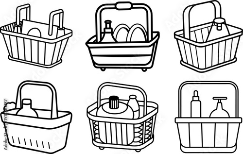 Set of Outline of shower caddy vector illustration, line art