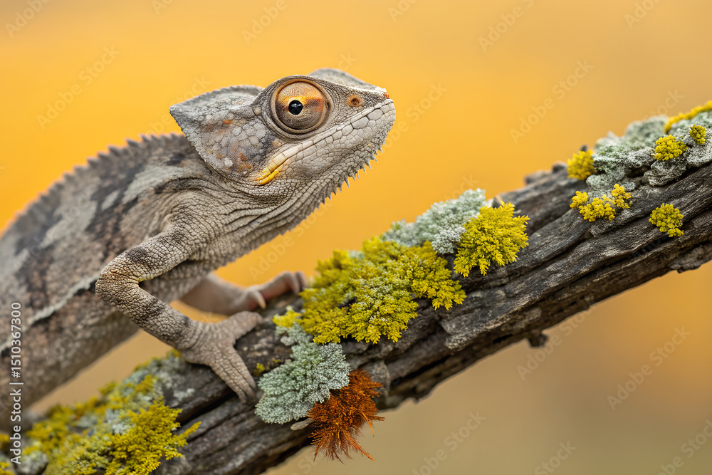 Obraz premium Macro portrait of a chameleon with big eyes, perched on a lichen-covered branch. Vibrant golden yellow blurred background, wildlife close-up. generative ai