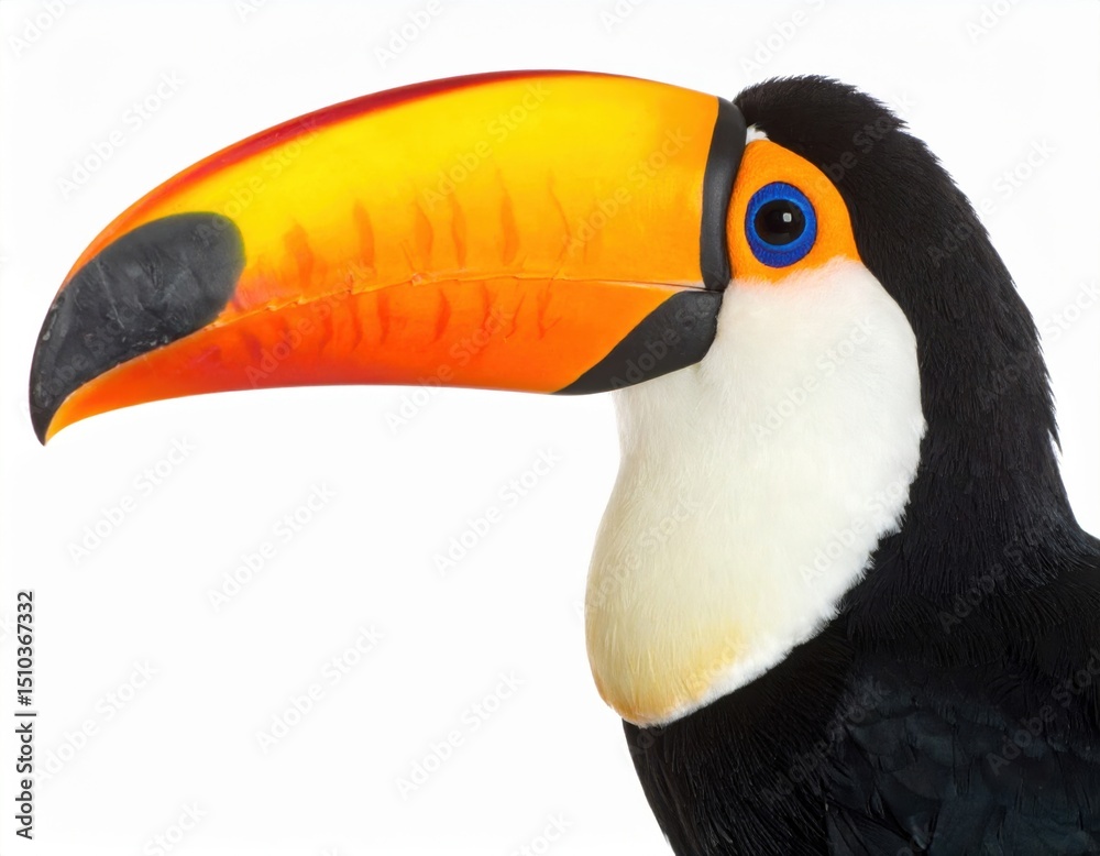 Obraz premium A vibrant toucan displays its large, colorful beak, black and white plumage, and captivating blue eye against a pristine, bright white background in detail.