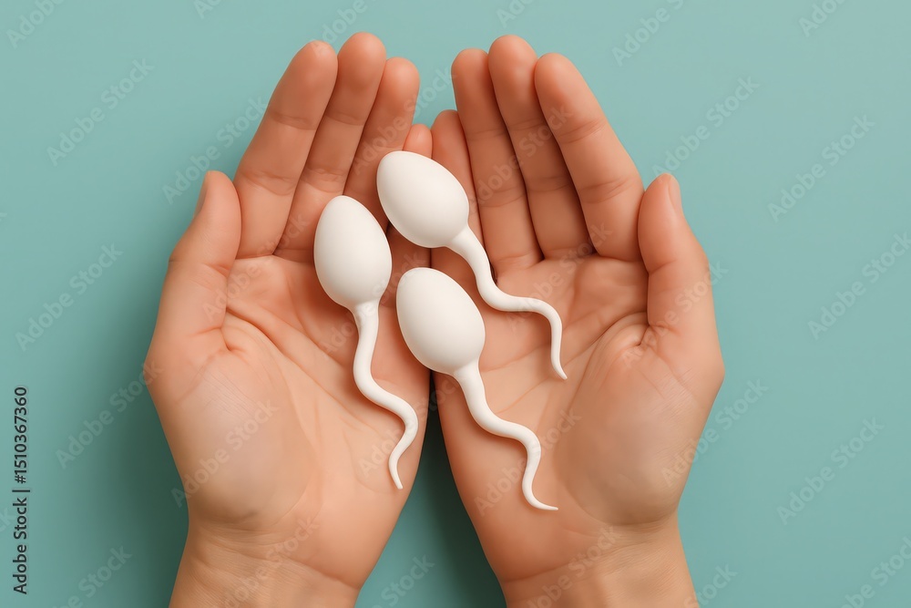 Hands Gently Holding Three Sperm Cells Against a Teal Background in a Studio Setting Hands Gently Holding Three Sperm Cells Against a Teal Background in a Studio Setting