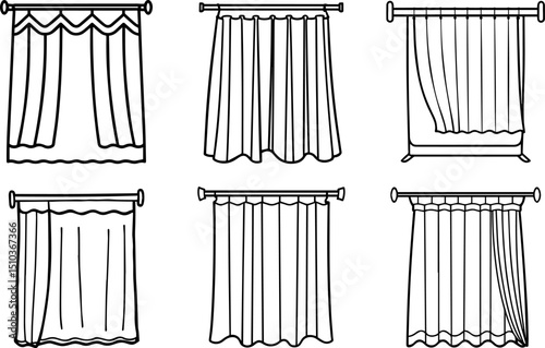 Set of shower curtain outline vector illustration, line art	