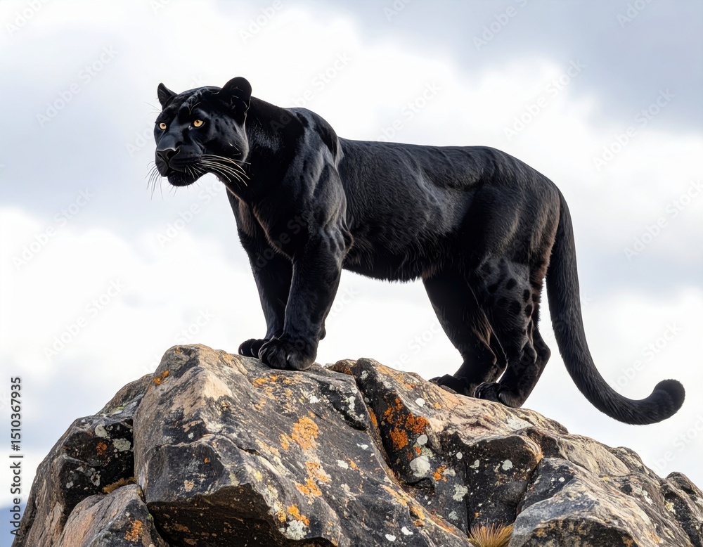Obraz premium A majestic black panther stands powerfully on a rocky peak against a bright sky, showcasing its muscular build and sleek dark fur in the natural sunlight outdoors.